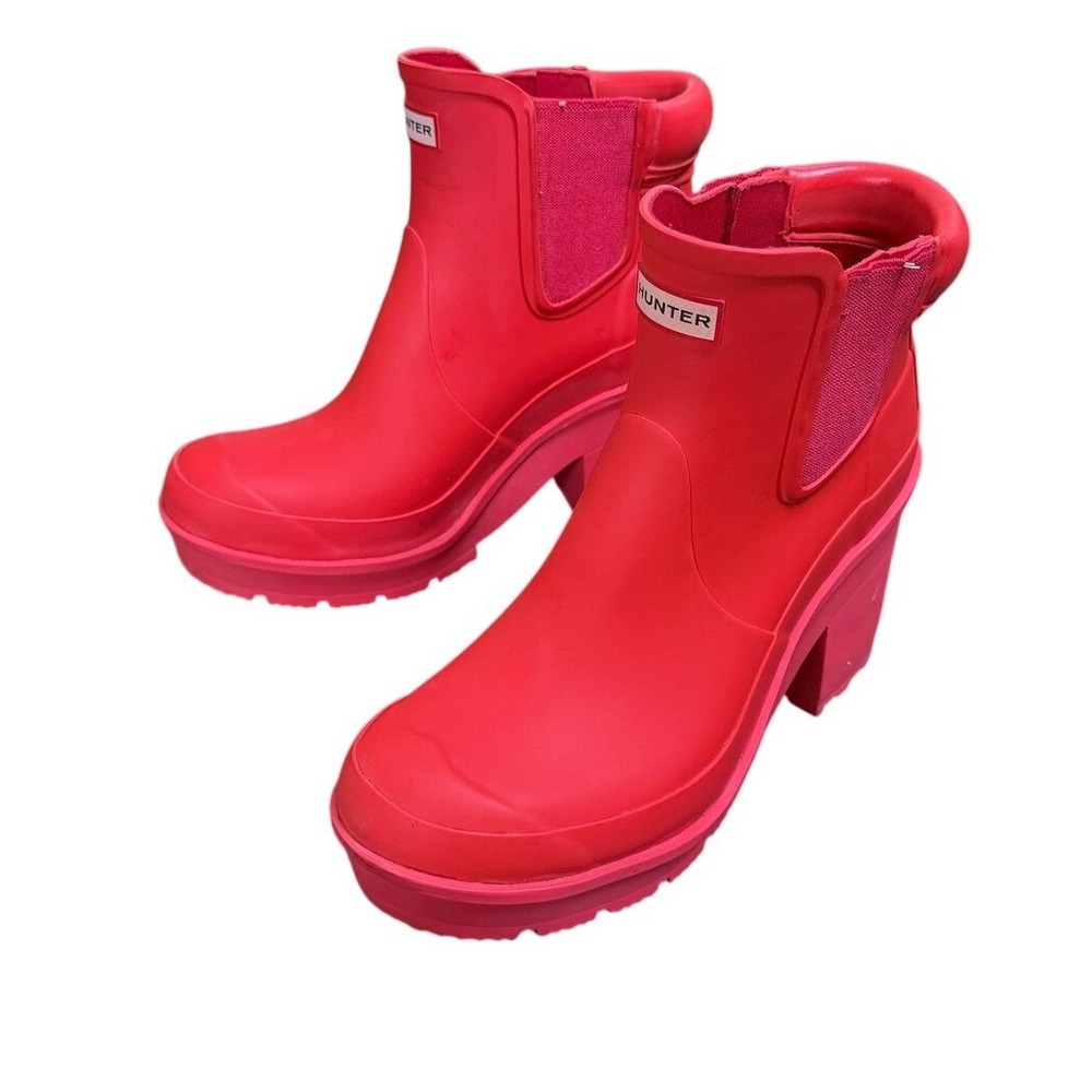 Hunter Original Block Heel Boots Red Rubber Ankle Chunky Platform Ankle 6.5 7